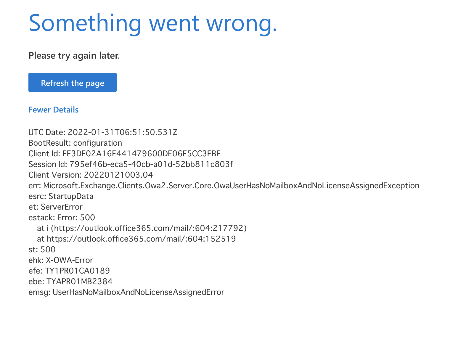something went wrong Outlook